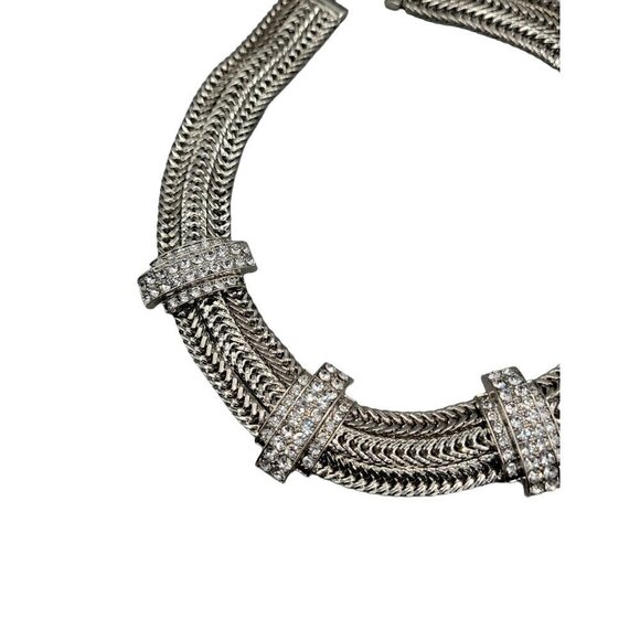 Silver Tone Mesh Collar Necklace Rhinestone Studded Woven 18" Chain - Picture 13 of 15